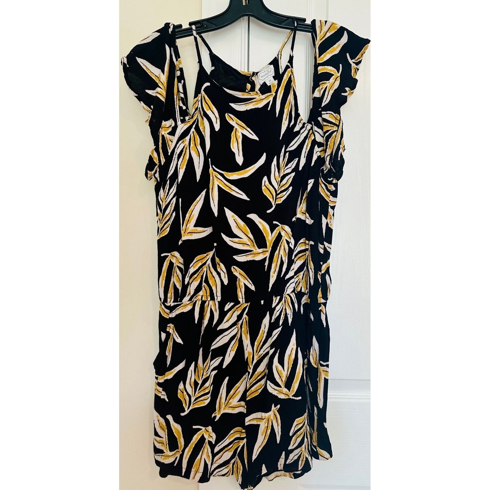 Mud Pie Women Black Yellow Tropical Leaf Cold Shoulder‎ Ruffle Romper Size M